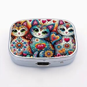 Folk Art Cat Animal Inspired Pill Organizer 2-Compartment Compact Pill Case New